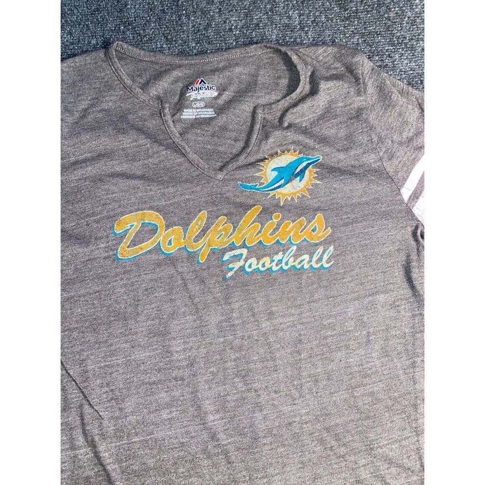 NFL Miami Dolphins Shirt Majestic Football Mens L Gray Short Sleeve Split V Neck - Picture 4 of 6